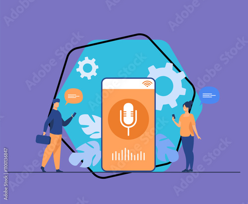 People using voice assistant app on smartphone with speaker on screen. Vector illustration for sound technology, ai, smart interface, soft ware development concept