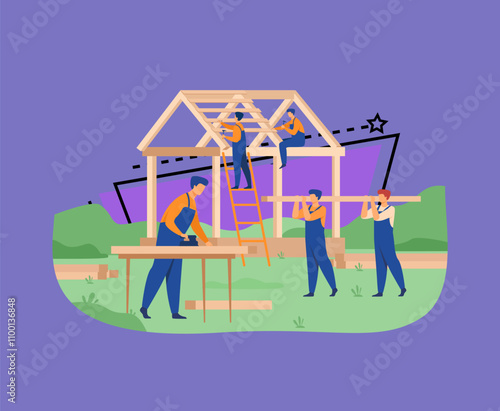 Professional carpenters team building house isolated flat vector illustration. Cartoon builders in uniform making roof and wall structure. Construction and teamwork concept