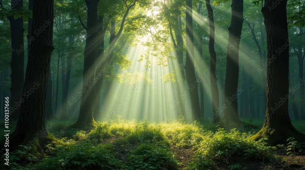 Fototapeta premium Sunbeams Illuminating a Lush Forest