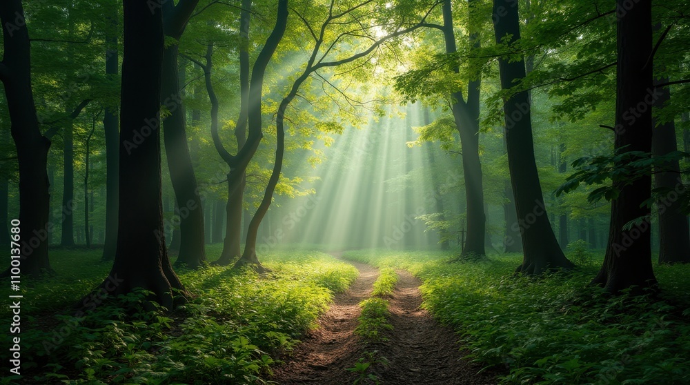 Obraz premium Sunbeams in a Lush Forest