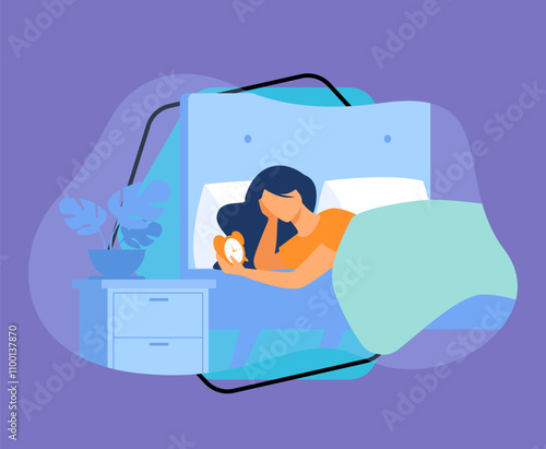 Sleepless woman lying in bed and looking at alarm clock isolated flat vector illustration. Cartoon female person with sleep disorder. Insomnia and sadness concept