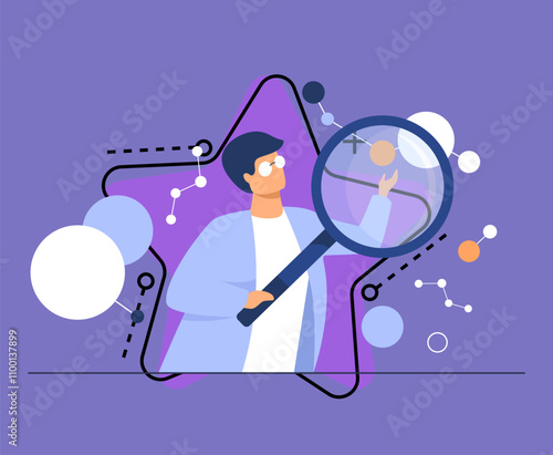 Scientist doing scientific research. Cartoon character using magnifying glass, studying neuron algorithms. Can be used for neuroscience, artificial intelligence, scientific technology concept