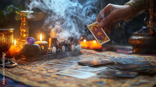 A table with a variety of items including candles, crystals, and tarot cards. Scene is one of relaxation and contemplation