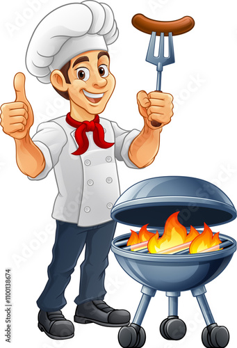 A chef cartoon barbecue cook out brazier cook man. Giving a thumbs up and holding a hotdog or grilled sausage on a BBQ fork mascot character illustration.