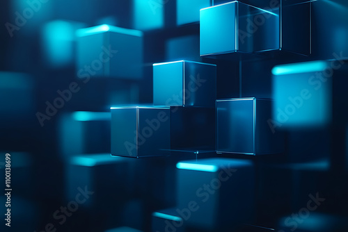 A blue abstract digital composition with floating data blocks and highlights, set against a dark background with shades of blue and teal, creating a futuristic, innovative