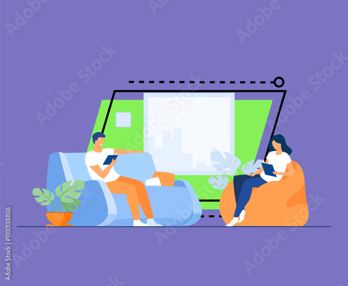 Young couple reading books in living room isolated flat vector illustration. Cartoon happy woman and man resting on sofa and armchair. Home, holiday and relaxation concept