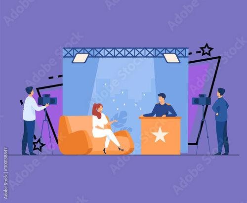 TV host interviewing celebrity person in studio. Camera crew working on talk show. Vector illustration for videographer job, broadcasting, news concept
