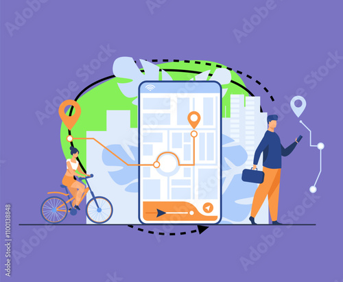 Tiny people using mobile application with map outdoors isolated flat vector illustration. Cartoon phone with navigation tracking app. Journey and technology concept