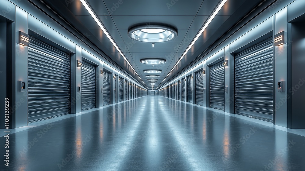 Fototapeta premium A futuristic self storage facility with silver and black tones, a close-up of a long corridor with automatic roll-up doors, bright strip lighting on the ceiling, high-tech shelving units along the