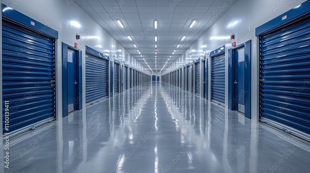 Fototapeta premium A sleek self storage facility with navy blue doors and smooth white walls, close-up view of the corridor with bright LED lighting and polished concrete floors, spacious parking nearby for trucks and