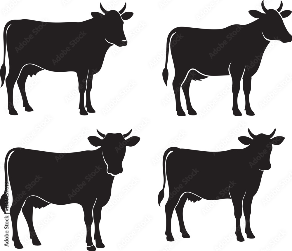 Fototapeta premium Set of cows. Black silhouette cow isolated on white. Hand drawn vector illustration.