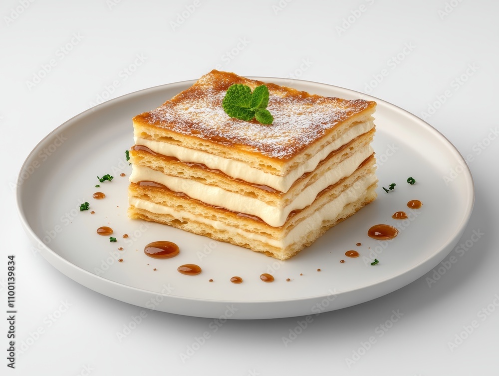 A sleek modern plate featuring a classic French mille-feuille dessert with layers of pastry and cream decorated with subtle caramel drizzles dessert, Photorealistic A sleek modern plate featuring a classic French mille-feuille dessert with layers of pastry and cream decorated with subtle caramel drizzles dessert, Photorealistic