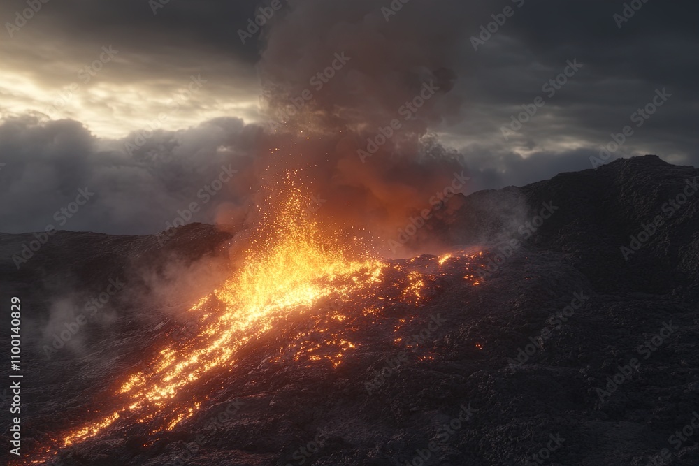 Fototapeta premium Erupting volcano spews lava and ash against a dramatic sky during twilight hours