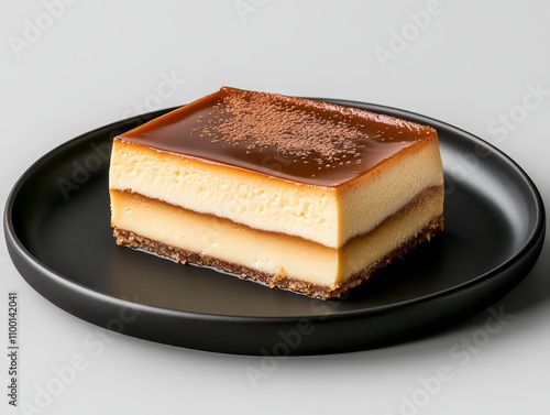 A round black plate with a Mexican choco flan dessert, with layers of creamy chocolate flan and a smooth caramel topping dessert, Photorealistic photo