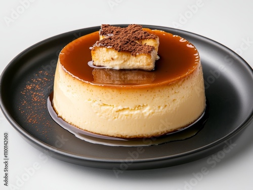 A round black plate with a Mexican choco flan dessert, with layers of creamy chocolate flan and a smooth caramel topping dessert, Photorealistic photo