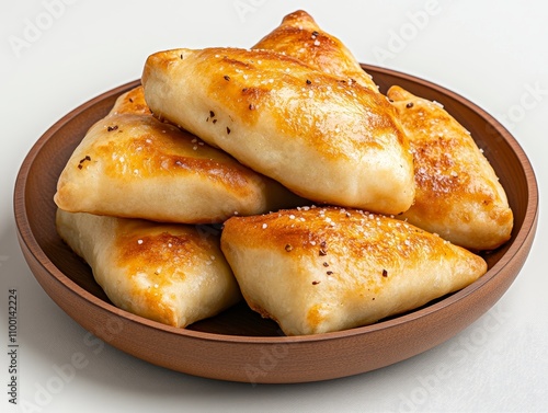 A round plate presenting a Lebanese atayef dessert, stuffed with sweet cheese or walnuts, fried golden brown and soaked in sugar syrup dessert, Photorealistic photo