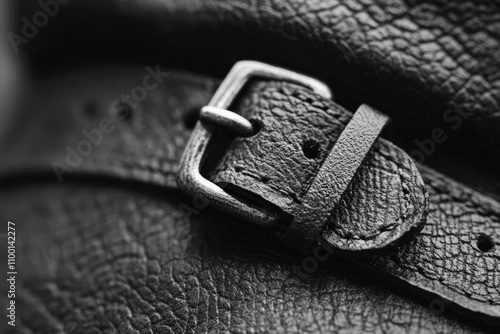 A close-up of a textured black leather belt with a metallic buckle, showcasing details of the leather and fastening mechanism. photo