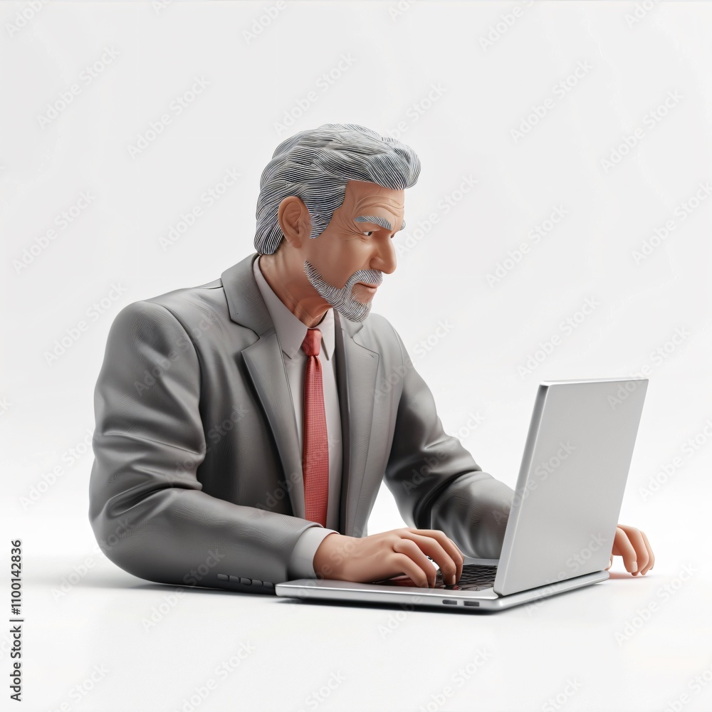 3D Rendered Clay Model Mature Businessman Working on Laptop 3D Rendered Clay Model Mature Businessman Working on Laptop