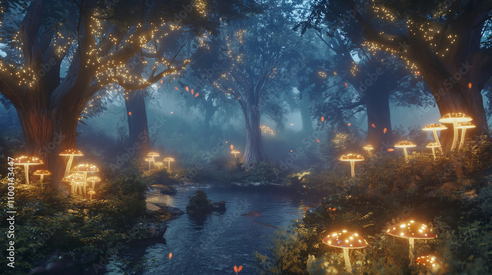 Fototapeta premium Magical Fantasy Forest with Glowing Mushrooms & Butterflies in 4K, mystical, ethereal light. book covers, poster, vibrant colors