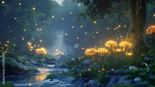 Magical Fantasy Forest with Glowing Mushrooms & Butterflies in 4K, mystical, ethereal light. book covers, poster, vibrant colors