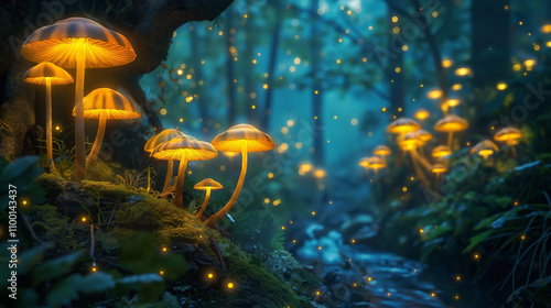 Magical Fantasy Forest with Glowing Mushrooms & Butterflies in 4K, mystical, ethereal light. book covers, poster, vibrant colors