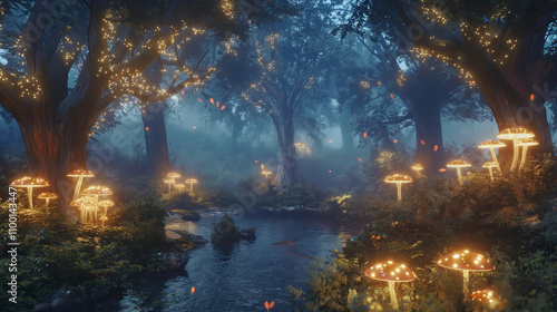 Magical Fantasy Forest with Glowing Mushrooms & Butterflies in 4K, mystical, ethereal light. book covers, poster, vibrant colors