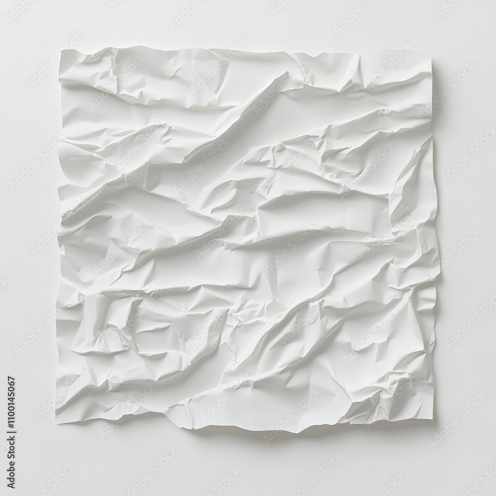 Obraz premium A twisted and crumpled plastic straw wrapper, delicately folded and uneven, lying flat on a pure white background, emphasizing texture, Photorealistic