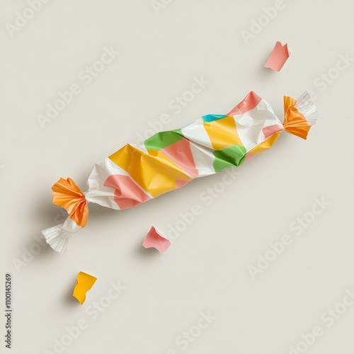 A crumpled candy wrapper with vibrant colors and frayed edges, twisted and flattened on a plain white background for a playful yet waste-focused design, Photorealistic photo