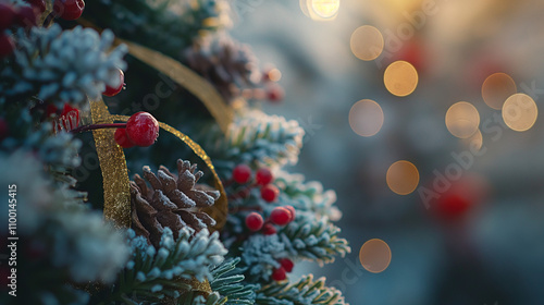 Frosty Christmas wreaths, with pinecones, berries, and festive ribbons, snowy accents, holiday designs close-up