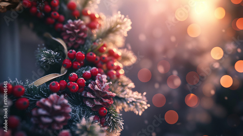 Frosty Christmas wreaths, with pinecones, berries, and festive ribbons, snowy accents, holiday designs close-up