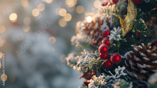 Frosty Christmas wreaths, with pinecones, berries, and festive ribbons, snowy accents, holiday designs close-up