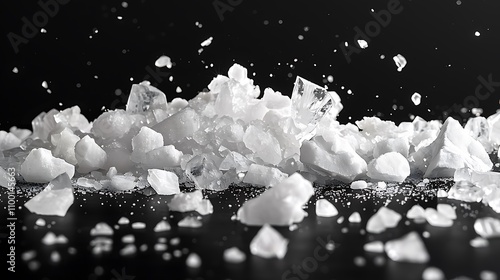 A close-up of scattered crystalline salt on a dark surface, highlighting its texture and form. photo