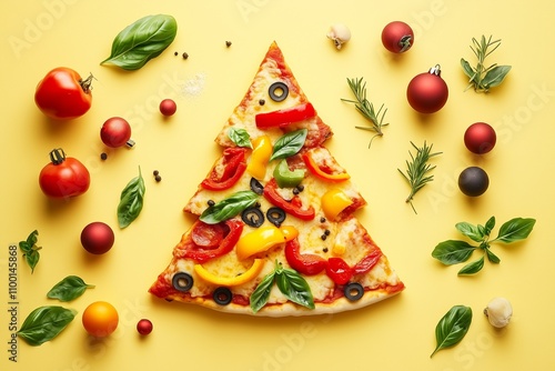 A creative Christmas tree shaped pizza made with golden crust, melted cheese, slices of pepperoni photo