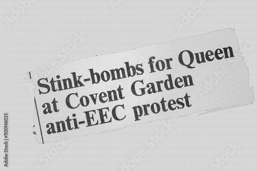 Stink-bombs for Queen at Covent Garden anti-EEC protest - news story from 1973 UK newspaper headline article title pencil sketch