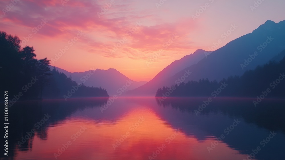 Obraz premium Serene Sunset Over Mountain Lake Reflections