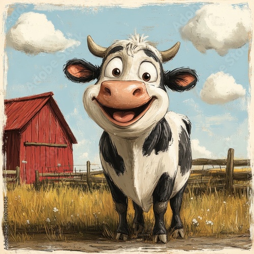 Happy Cow Stands In Farm Field Near Barn photo