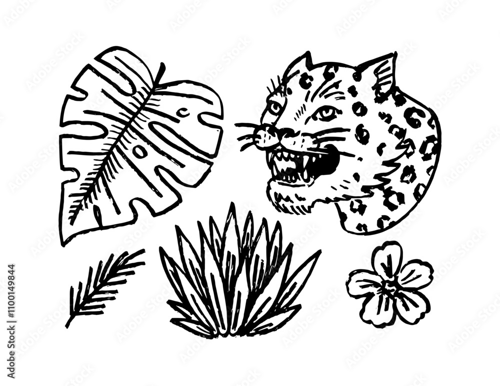 Obraz premium Japanese tigers Lynx with tropical leaves. Wild animal with plants. Tattoo illustration. Banner or poster for advertising or web