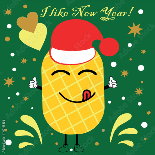 Cute pineapple likes New Year. A yellow pineapple in a New Year's hat is having fun. Vector.