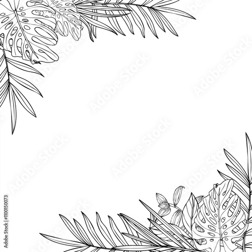 Vector monochrome tropical leaves vector square frame with empty space for text. Areca, Cycas, tradescantia, monstera house plant line art black ink sketch. Floral illustration for invitation