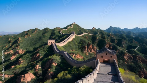 A scenic view of the Great Wall of China winding through lush green mountains, with a river and lake in the foreground, framed by trees, rocks, and clouds under a summer sky photo