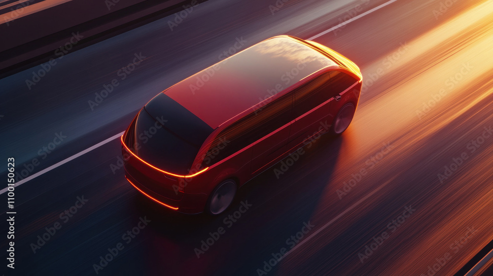 Naklejka premium Sleek red van travels under glowing sunset highway