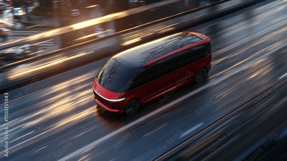 Fototapeta premium Futuristic red van on highway gliding smoothly past.