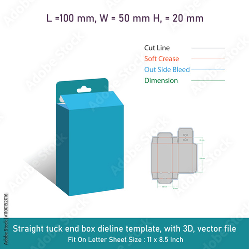 Straight tuck end box dieline template, with 3D, vector file