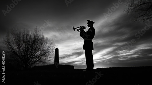 Silhouette of a military bugler performing Taps at a memorial site during sunset, symbolizing honor, remembrance, and reflection.
