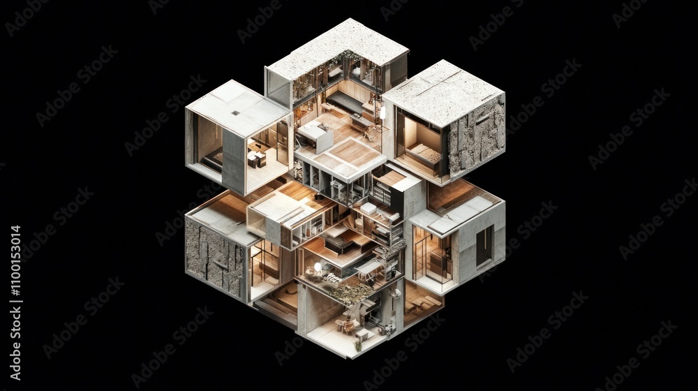 Obraz premium Isometric view of a complex, multi-level, modular building design with interconnected rooms and spaces.