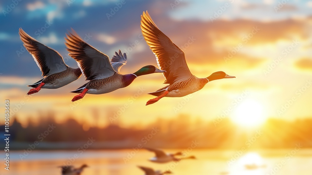 Fototapeta premium A flock of ducks flying in a clear blue sky