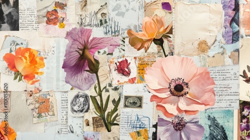 Retro collage stickers with flowers, stamps, quotes, and torn notebook sheets for trendy designs