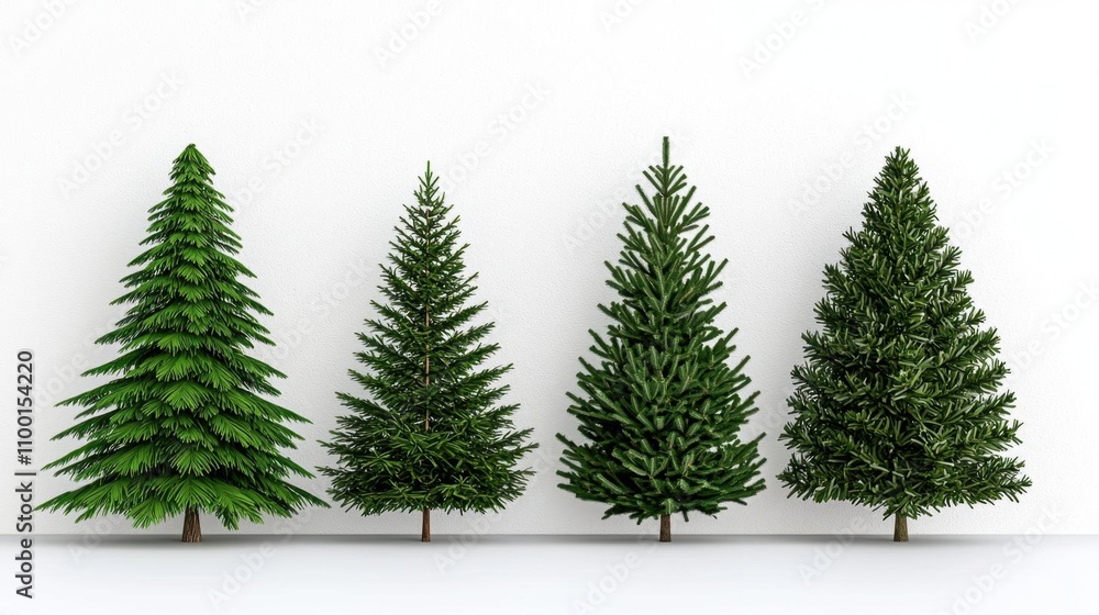 Obraz premium A photostock of lush green Christmas trees, including snowy variations, set on a pure white background, perfect for festive holiday promotions. High Quality