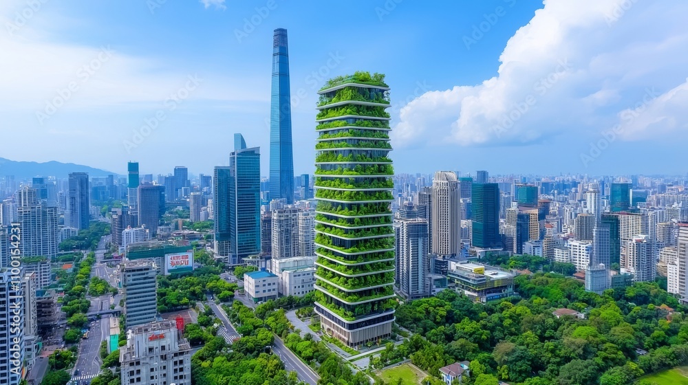 Obraz premium Modern skyscrapers featuring glowing leaf-shaped designs, advocating for eco-friendly urban planning.