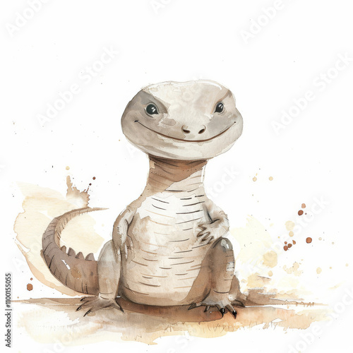 A whimsical watercolor illustration of a smiling lizard, showcasing its playful nature and charming details. photo